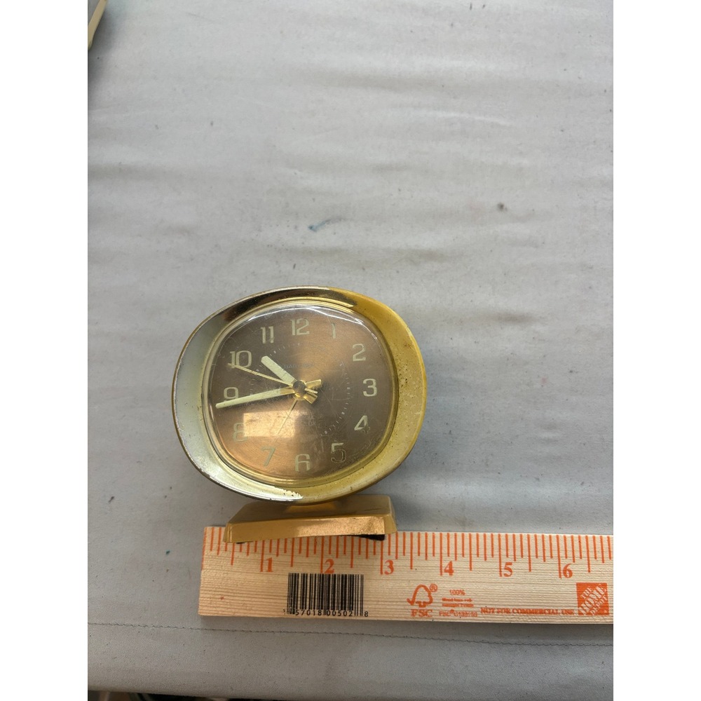 Vintage Mid Century Modern Oval Alarm Clock Gold Cream Pedestal Wind Up Retro